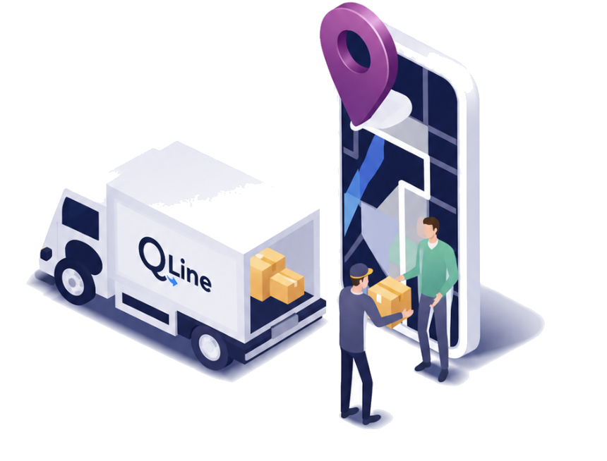 Доставка QLine: фургон, курьер передаёт посылку клиенту